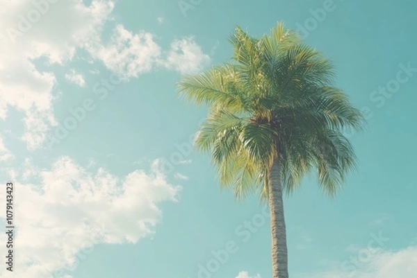 Fototapeta Tropical Heaven: Majestic Palm Tree Silhouetted Against Vibrant Sky