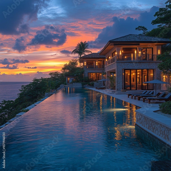 Fototapeta  swimming pool in a hotel on the ocean shore, around the hotel there is an ocean and rocks