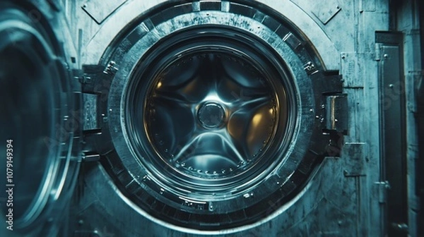 Fototapeta A close-up view of a washing machine drum, showcasing its metallic interior and intricate design.