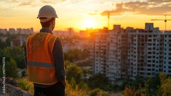 Fototapeta engineer construction worker is standing on higher ground, facing a construction site at sunset, overlooking a developing urban area with cranes