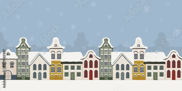 Obraz Europe Dutch style building and houses facade in winter hand drawn illustration collection template. Cityscape street view. For decoration, concept proposal, design, postcard, banner, social media