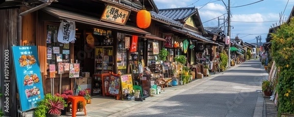 Obraz A peaceful street in Japan with small shops displaying signs of gratitude for their employees, decorated for Labour Thanksgiving Day, community spirit