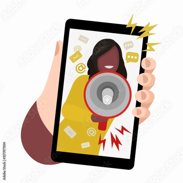 Obraz Influence marketing. A smartphone in a person's hand. On a smartphone, a blogger broadcasts marketing ads using a megaphone. The blogger is African American.