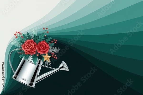 Obraz Festive watering can with roses and foliage on green gradient banner for holiday decor
