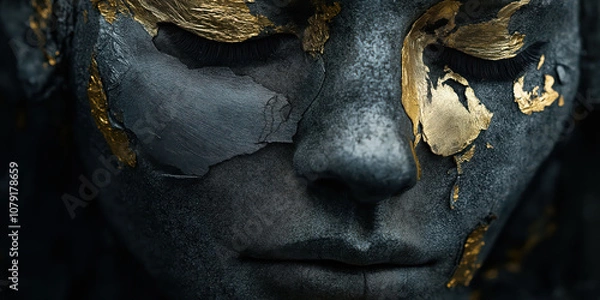 Fototapeta Golden texture on artistic face with metallic makeup and gold accents