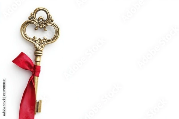 Obraz Elegant vintage key with red ribbon on pearl white background for special occasion design
