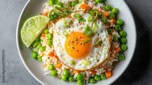Fototapeta Mouthwatering Thai Fried Rice with Egg, Peas, and Carrots Styled to Perfection, Top-Down View for Culinary Inspiration