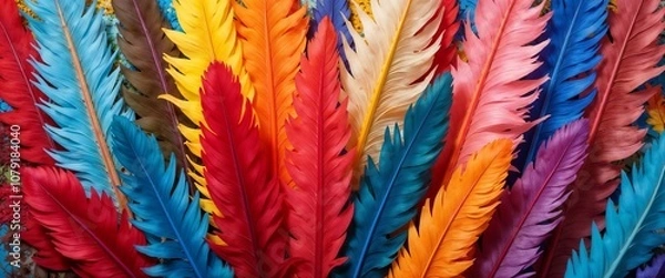 Fototapeta Vibrant collection of colorful feathers in shades of red, blue, yellow, pink, and orange showcasing creativity and artistry
