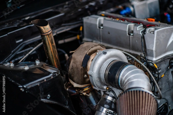 Fototapeta Heat shield from a very hot turbo.The heat shield prevents the engine from accumulating high heat.The big turbo is in the gasoline engine.Large turbos are put on drift cars.