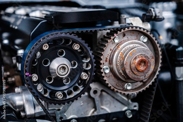 Fototapeta Twin cam engine car with pully wheels and cam belt.The pulley is precision crafted from aluminum and provides precise alignment for perfect engine performance.