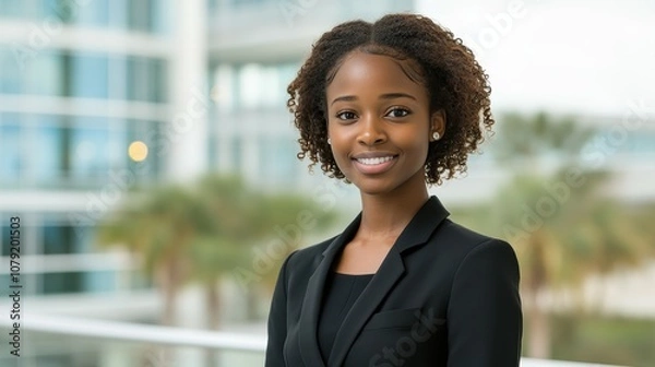 Fototapeta A young woman stands smiling in a sleek office environment, dressed in a formal business suit. The greenery of palm trees outside enhances the bright and contemporary setting