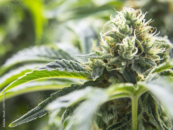 Fototapeta Close-up of medical marijuana buds, highlighting their rich texture and trichomes, perfect for cannabis product visuals or medicinal marijuana content.