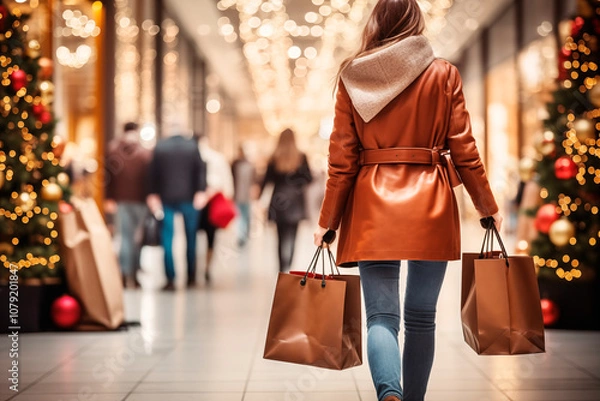 Obraz Vista desde atrás de una mujer con bolsas de compras en un centro comercial adquiriendo ropa y regalos en navidad. Compras en Navidad..