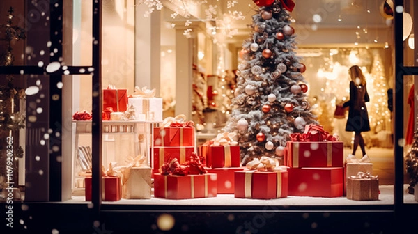 Obraz Precioso escaparate de un local comercial en la calle de una gran ciudad en Navidad. Decorado con árboles navideños, regalos,luces y nieve artificial. Compras navideñas.