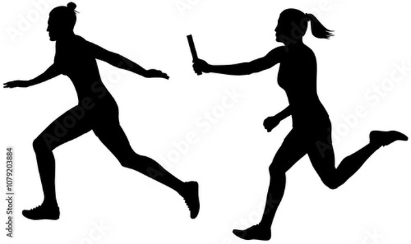 Fototapeta relay race, silhouette of two female runners passing the baton isolated on a white background