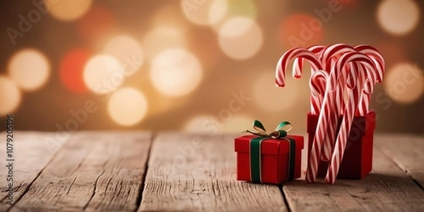 Fototapeta Candy canes placed beside a small red gift box on a wooden surface, with an expansive, rustic background creating a warm, open feel 10
