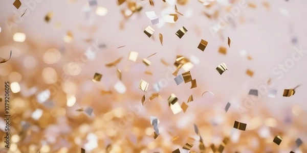 Fototapeta Close-up of confetti gently falling, with an expansive soft-focus background that gives a sense of joyful openness 5
