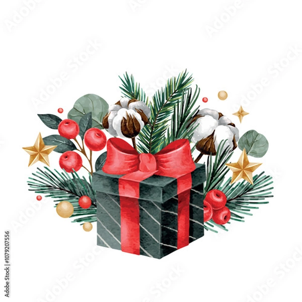 Obraz Vector watercolor Christmas composition with big present and a bow with nature elements and stars