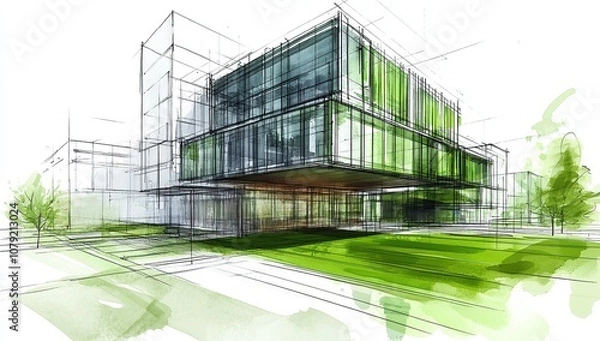 Fototapeta Architectural sketch of a green building, set against a white background