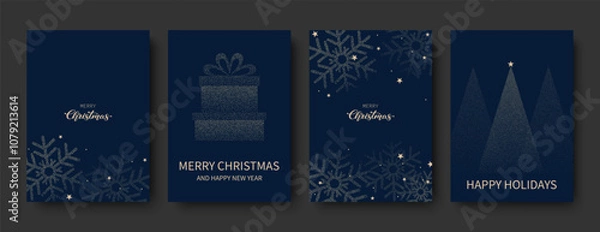 Fototapeta Set of Christmas and New Year cards. Vector illustration. Snowflakes, gifts and Christmas tree on a blue background. Vector illustrations for invitations, greetings, congratulations, covers.