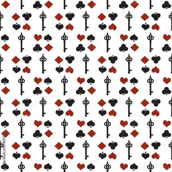 Fototapeta Seamless background with suits. Poker or casino seamless pattern - vector white background with red and black playing card suits and keys. Alice in Wonderland 