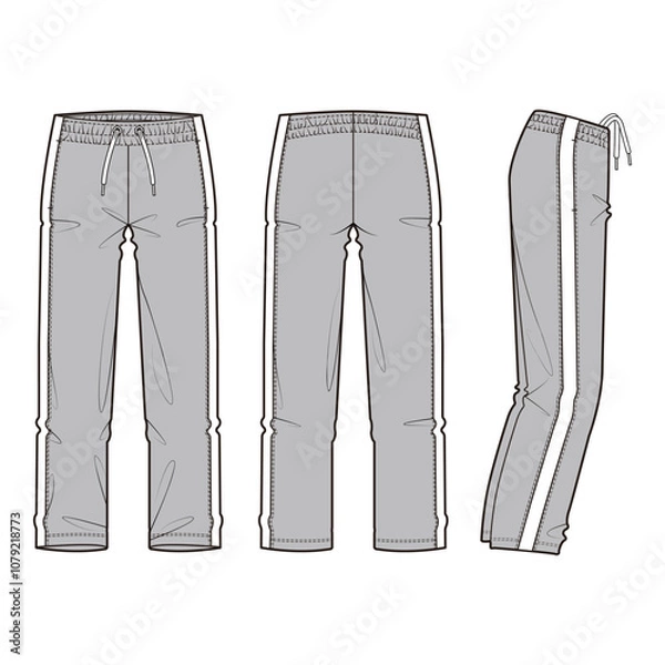 Obraz Casual grey drawstring pants with side stripes in front, back, and side views.

