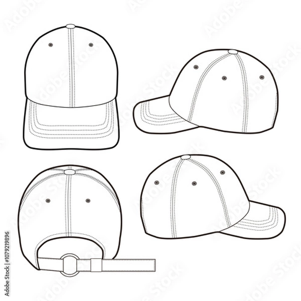 Obraz Baseball cap shown from multiple angles with adjustable strap.

