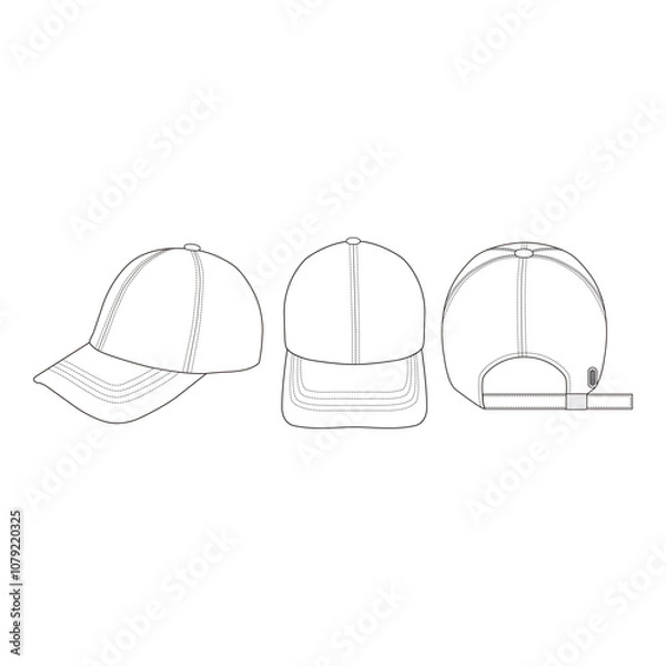 Obraz Baseball cap design in three views: side, front, and back, with adjustable strap.

