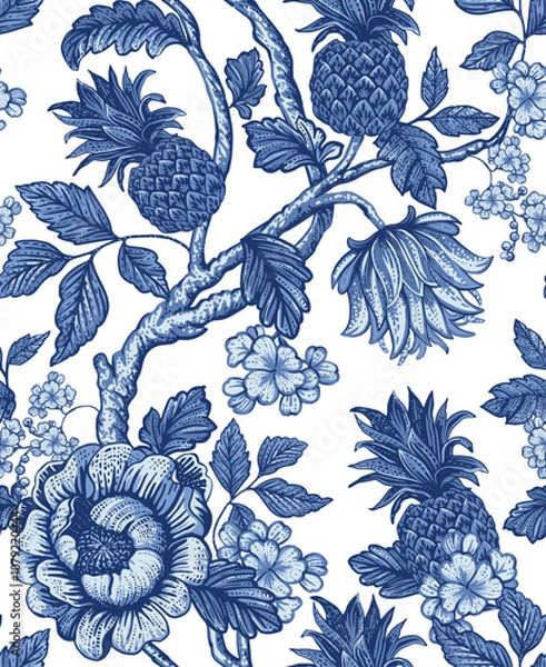 Fototapeta Seamless Asian-inspired pattern. Pineapples and tropical flowers. Graphic pattern.