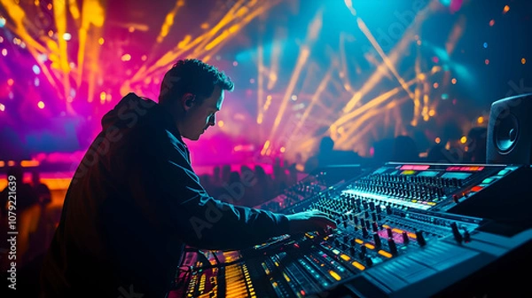 Fototapeta A sound engineer adjusts an audio mixing console at a vibrant live concert, surrounded by dynamic lighting. 4k image