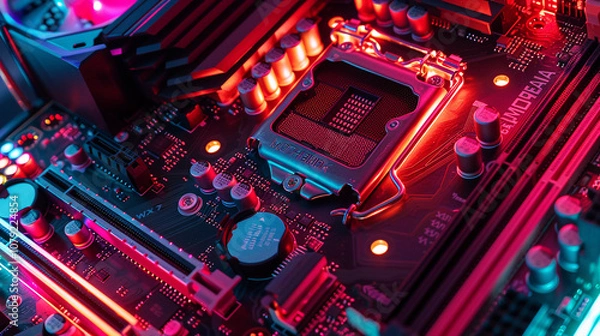 Fototapeta computer motherboard with a processor and colorful LED lights