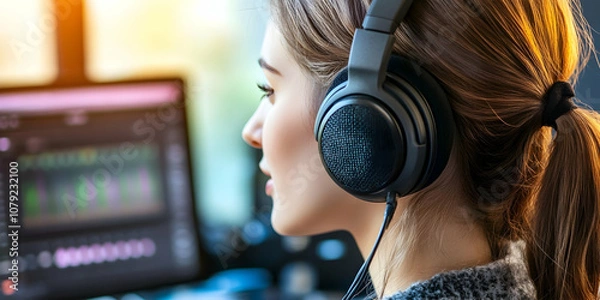 Obraz Woman with headphones hosting a podcast at home studio, creating engaging content. 4k image