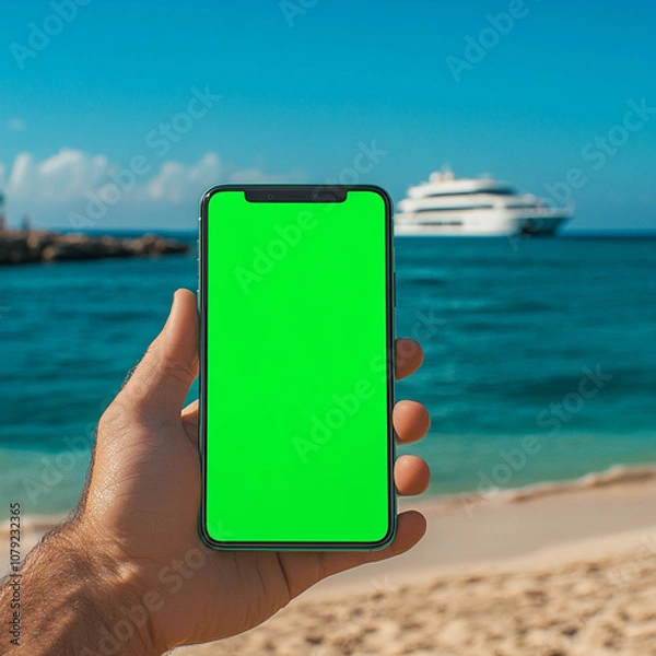 Fototapeta Man Holding Phone Mockup with Green Screen on Beach with Yacht in the Distance