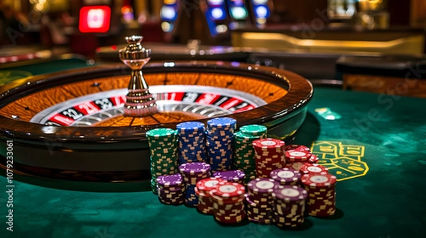 Fototapeta A pile of poker chips on a green table in front of a roulette wheel, set in a casino environment. high quality image