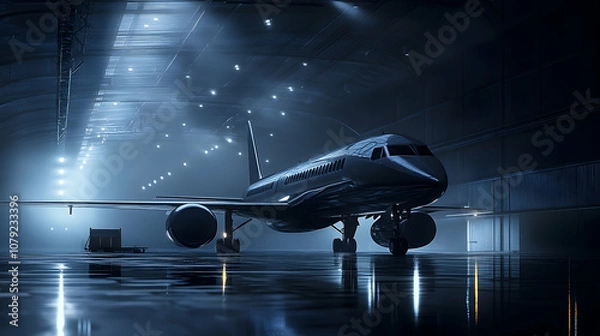 Fototapeta A sleek airplane parked in a spacious hangar, illuminated by bright overhead lights, showcasing aviation design. high quality image