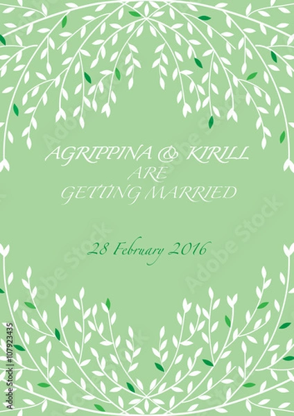 Obraz wedding invitation with white leaves  on a green background