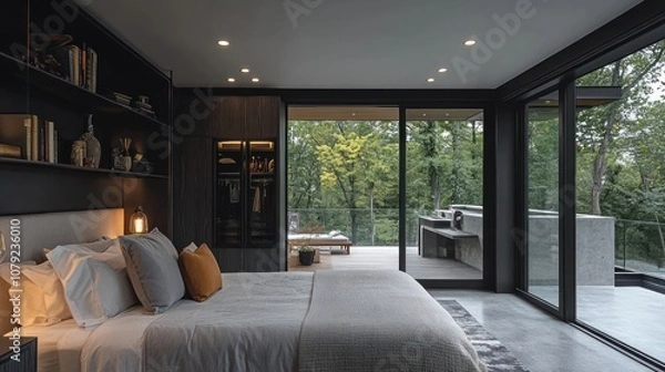 Fototapeta Modern bedroom with large windows overlooking a patio and wooded area.
