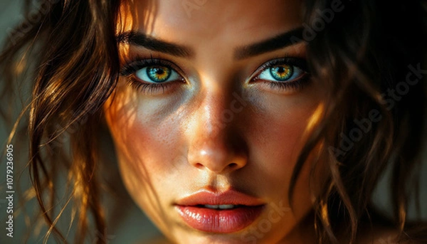 Fototapeta A vibrant close-up of a woman with captivating green-blue eyes, bathed in warm sunlight with natural highlights and shadows across her face.