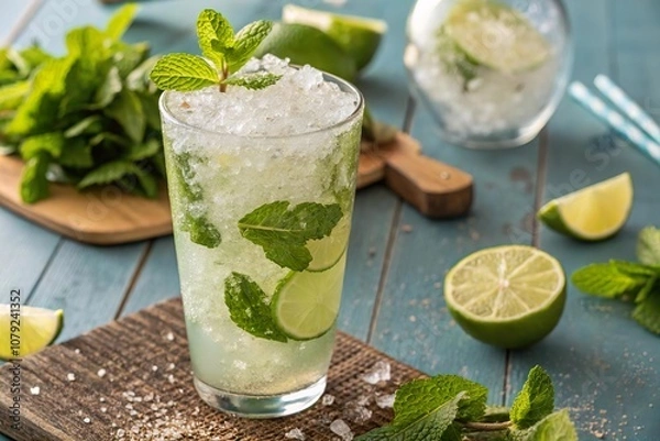 Fototapeta Klassischer Mojito-Cocktail mit Limette und Minze auf rustikalem Holzbrett