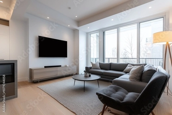 Fototapeta Create a Chic Modern Living Room with a Sleek Gray Sofa