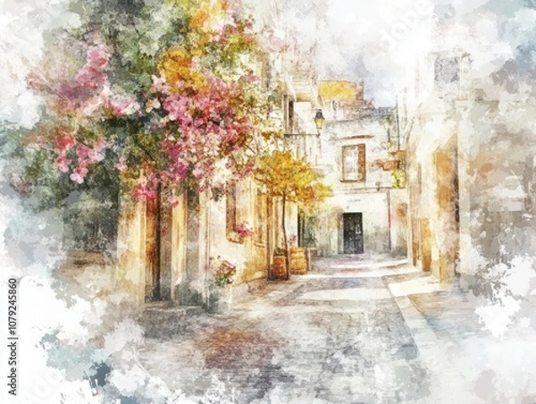 Obraz watercolor landscape, streets of summer southern city, flowers on the street, sketch style