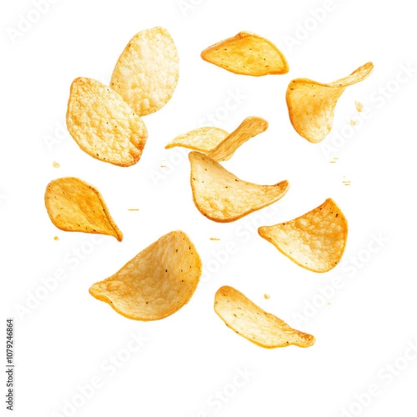 Obraz Flying potato chips, crispy potato chips isolated on transparent background.