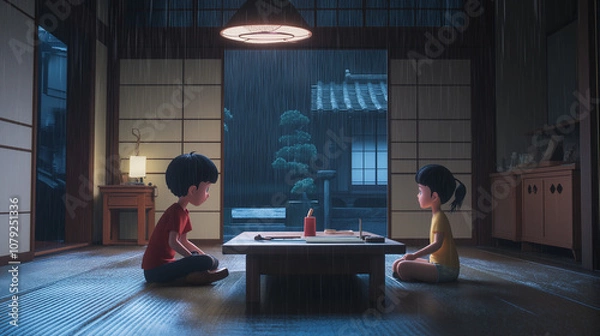 Fototapeta Lofi scene with a boy and a girl in an everyday home setting, enjoying the rain outside. Perfect for cozy, relaxed illustrations or mood-setting visuals