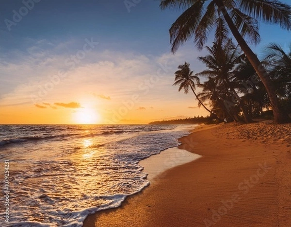 Fototapeta Tropical Sunset Over a Remote Beach With Palm Trees Silhouetted Against the Golden Horizon, While the Ocean Waves Gently Lap the Shoreline Under a Vibrant Orange Sky
