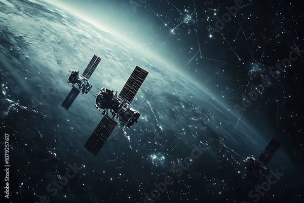 Fototapeta Abstract digital background depicting a network of satellites 

