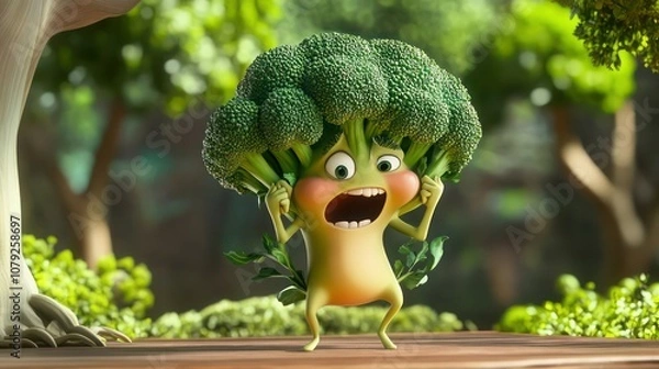 Fototapeta A cartoon broccoli character struggling to do pull-ups, its arms shaking and face scrunched up in effort.