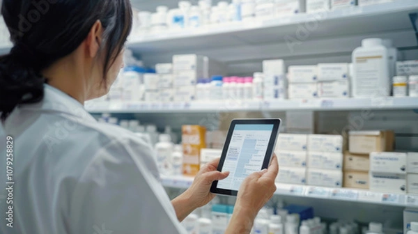 Obraz Pharmacist holding computer tablet Using for filling prescription in pharmacy drugstore.