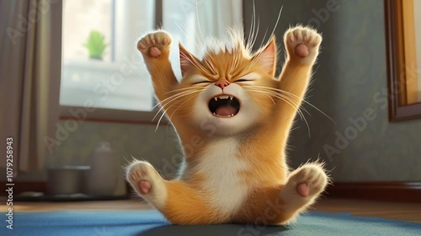 Fototapeta A cartoon cat doing sit-ups, its fur standing on end, struggling to lift its body while making exaggerated faces.