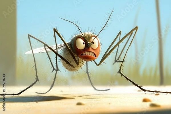 Fototapeta A cartoon mosquito doing push-ups, buzzing around as it struggles to maintain form, with a frustrated look on its face.