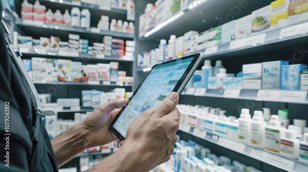 Obraz A male pharmacist is holding a computer tablet used to fill out a prescription at a pharmacy.